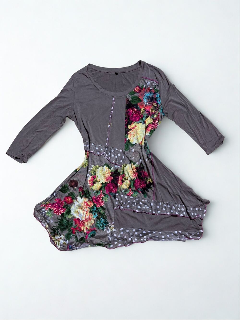 Taupe Floral Patch Pink Contrast Stitched Tiered Ruffle Hem Tunic